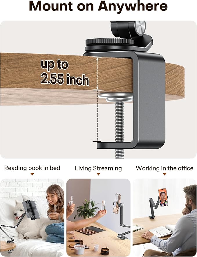 OMOTON Adjustable Tablet Stand for iPad, Desk Phone Holder for Bed with 2 Clamps, Flexible Aluminum Alloy Mount with 360° Rotation for 4-13" Devices (Black)