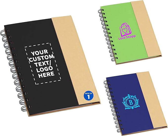 DISCOUNT PROMOS Custom Eco Friendly Spiral Notebooks with Pens Set of 1, Personalized Bulk Pack - Perfect for Business, Office, Home - Black