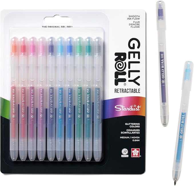 SAKURA Gelly Roll Retractable Gel Pens Colored - Stardust Glitter Gel & Medium Point - for Journaling, Art, or Drawing - with Assorted Colored Ink - 10 Pens