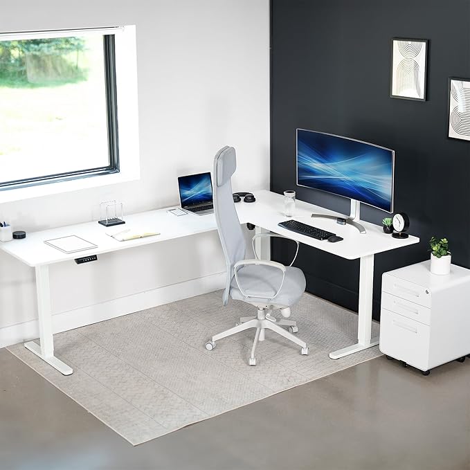 VIVO Electric Corner 84 x 63 inch L-Shaped Standing Desk, Memory Height Adjustment, White Top White Frame, DESK-E3CTWW-84