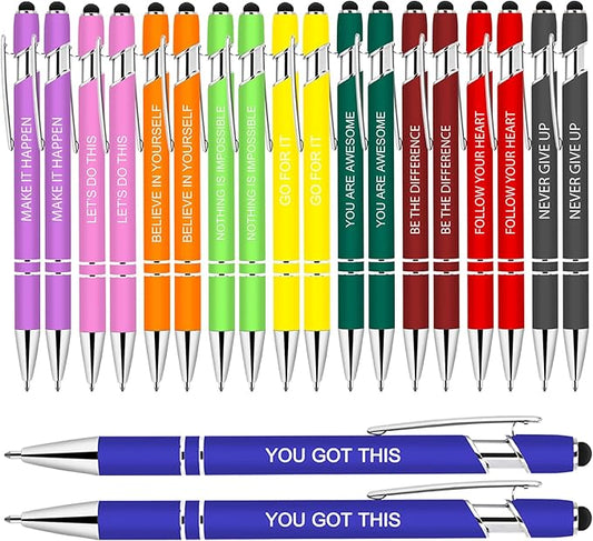 Greengines 20 Pcs Inspirational Pens - Motivational Ballpoint Pens Bulk with quotes Stylus Tip Gifts for School Office Supplies Black Ink