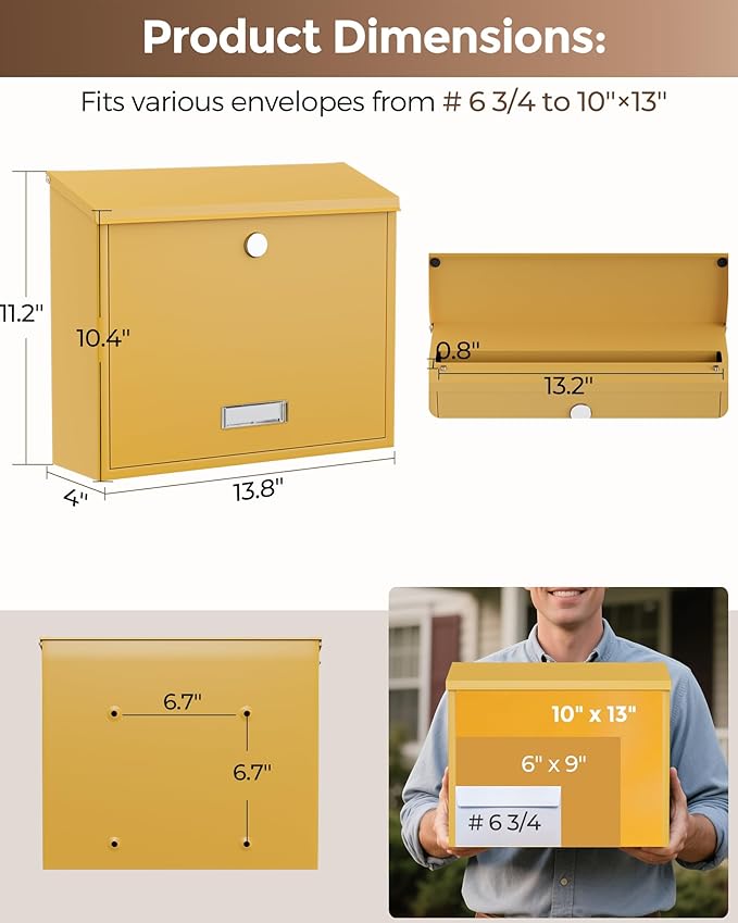 LAND·VOI Locking Wall-Mount Mailbox for Outside, with 4 Keys, Galvanized Steel Rustproof Metal Postbox, 4" Dx13.8 Wx11.2 H, Includes 3 Sets of Mailbox Numbers, Nameplate, Yellow