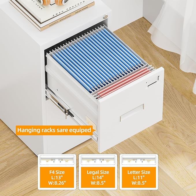 INTERGREAT 2 Drawer File Cabinet, White Metal Filing Cabinet with Lock, Lockable Vertical File Office Cabinet for Hanging Letters/Legal/A4, Assembly Required