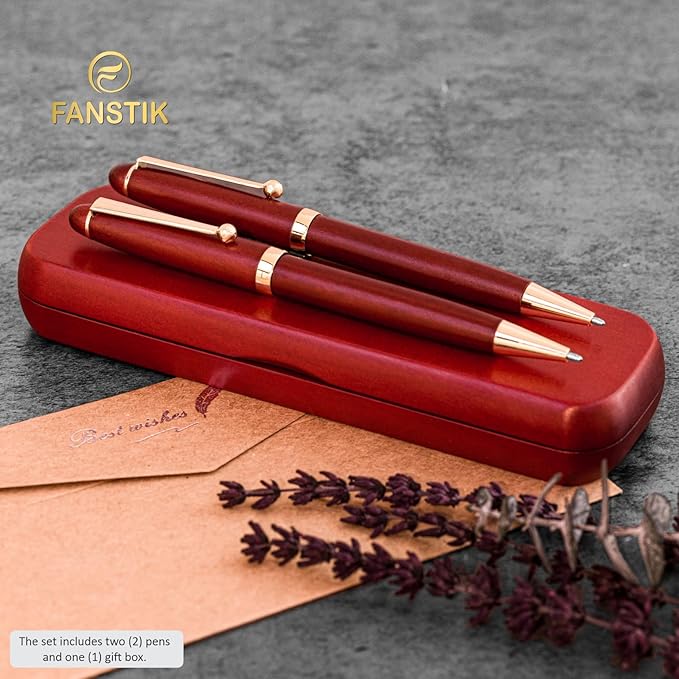 FANSTIK Customized Cherrywood Double Ballpoint Pen Set with Name (MADE IN USA), with Wooden Gift Box, Personalized Gift for Men and Women (BallPoint CherryWood Set)