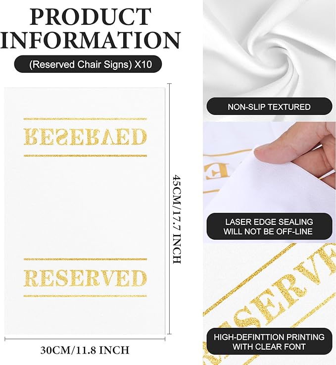 10 Pcs Reserved Chair Signs Cloth Church Placeholder Reserved Pew Signs Chair Reserved Seat Coverswith Printed Words For Weddings, Churches, Eceptions, Cinema,Celebrations, Parties and Events(White)