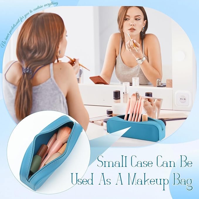 Feifeiya 8 Pcs Silicone Pencil Case Pen Zipper Pouch Bags Aesthetic Back to School Gifts Stationery Travel Toiletry Makeup Coin Organizer Waterproof Valentines Galentines Party Favors (Blue)