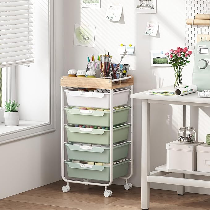 Rolling Storage Utility Cart With 5 Drawers,Craft Cart with Wheels,Makeup Organizer,Art Supply And Storage Wooden Tabletop,Green