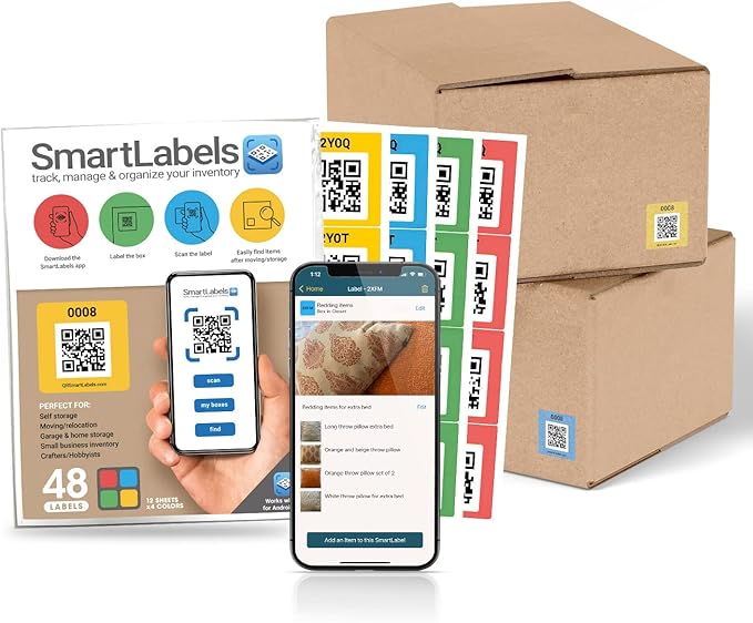 Smart Labels QR Code Stickers Pack of 48 (Original) Made in USA - QR Code Labels for Storage & Inventory Tracking, Storage Unit Organization, App Stickers for Inventory Organization & Moving Supplies