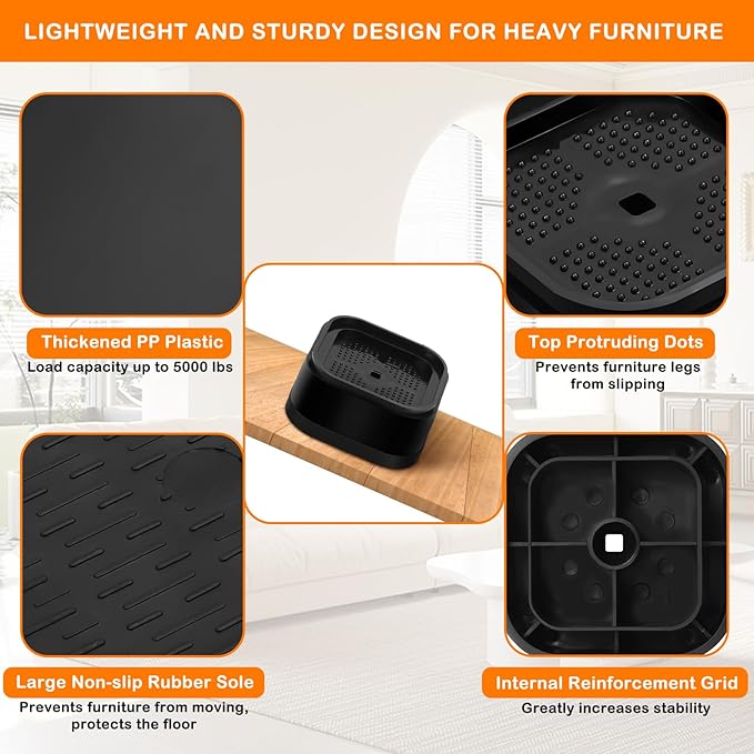 shouwuhho 8 Pack Furniture Risers Adjustable Bed Risers Heavy Duty Lifts Height 1", Square Stackable Bed Risers 1, 2 or 3 Inch for Desk Leg Table Couch Sofa Chair Bed Frame Legs Dorm, Black