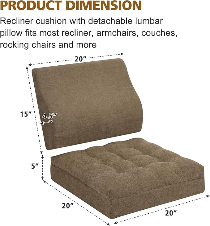 TANYOO Recliner Cushion for Elderly with Lumbar Support Pillow - 20x20x5 Inch Extra Thick Recliner Seat Cushion for Seniors Relief Back Pain and Tailbone Pain from Long Sitting Non-Slip Bottom Brown