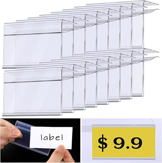 Qunclay 200 Pcs Shelf Label Holder Glass Wood 1.25 x 3 Inches Clear Plastic Clip on Labels Shelf Tags for Wire Shelving 0.15'' to 0.4'' Shelves Sign Price Tags
