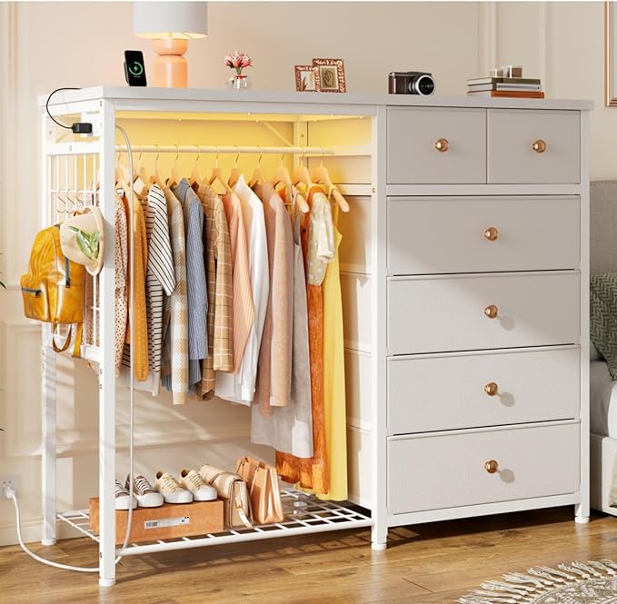 EnHomee 49.2" W White Dresser for Bedroom with Hanging Rack, 6 Drawers Dresser with LED Lights & Charging Station, Fabric Dressers & Chest of Drawers with Grid Panel & 4 Hooks, Wooden Top