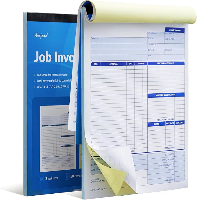 Harfesto Job Work Order Forms, Large Size Contractor Invoice Book 8-1/2" x 11-7/16", Invoice Receipt Book for Small Business, 2-Part Carbonless Forms, 100 Sets (2 Books)