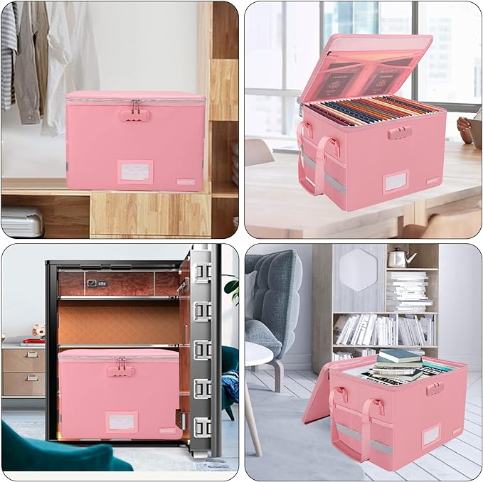 ENGPOW File Box with Lock, Fireproof Document Box with Zipper＆Pockets, Collapsible File Organizer Filing Storage Cabinet with Handle, Portable Home Office Safe for Hanging Letter/Legal Folder, Pink