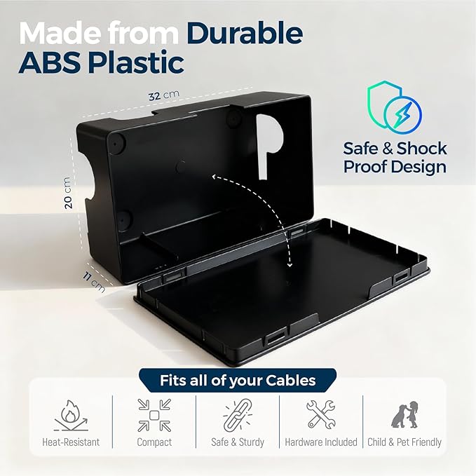 Kos Design Cable Management Box with Included Mounting Hardware – ABS Cord Organizer (12,7 x 7,8 x 4,5 in) | Heat-Tolerant Power Strip & Cable Storage | Wall-Mountable or Floor Use