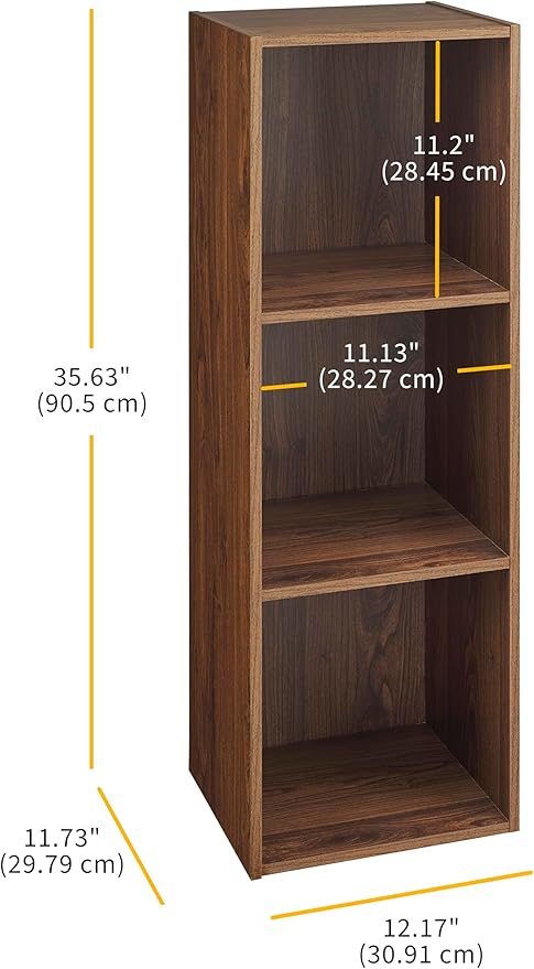 Whitmor 3 Cube Bookcase Storage Organizer, 3 Tier Stackable MDF Bookshelf, Open Storage Display Bookshelf, Storage Cabinet for Living Room, Bedroom, Home, Office, 12.2" L x 11.7" W x 35.6" H, Walnut