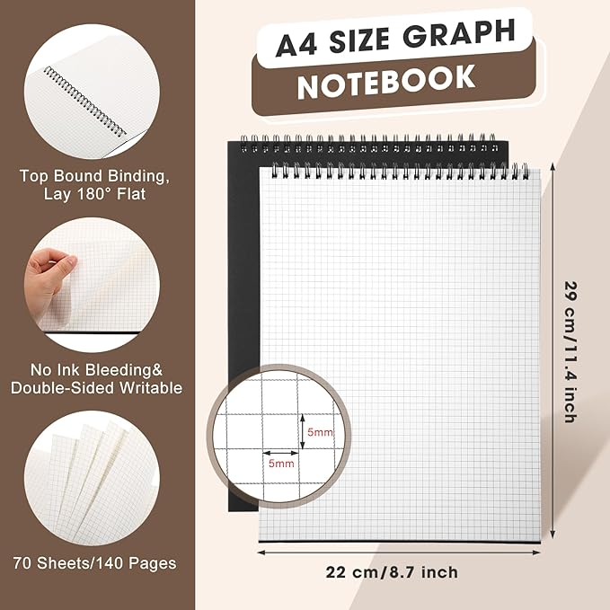 Engrowtic Top Spiral Graph Paper Notebooks 8.7 X11.4 Inch A4 Grid Paper Notepad 70 Sheet Memo Steno Pad for Engineering Writing Sketching Drawing School Office Supplies (1 Pack,Black)