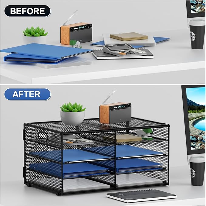 Lavatino 8 Compartments Paper Organizer for Desk, Mesh Literature Organizer, Mail File Sorter Tray with Handle, Desktop Mailbox for Office Classroom Home, Black