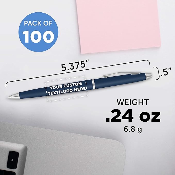 DISCOUNT PROMOS Custom Langham Ballpoint Pens Set of 100, Personalized Bulk Pack - Black Ink, Great for Office, School, Business, Tradeshows - Navy Blue