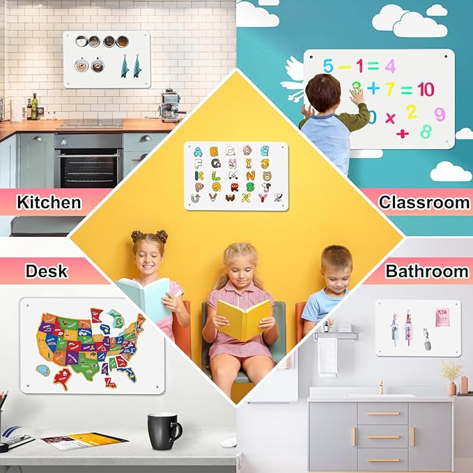4 Pack White Magnetic Board,17.5" x 11.4" Magnet Bulletin Board to Display Magnetic Notes, Poetry, Photos, Suitable for Wall, Refrigerator, Cabinet etc, Come with 16 Plastic Anchor Bolts and Screws