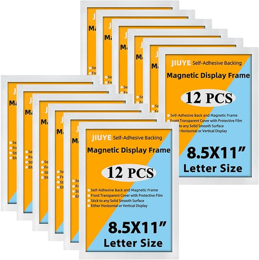JIUYE 8.5x11 Magnetic Sign Holder,Self-Adhesive Magnetic Frames,Wall Mount Picture Display Frame with Magnet Strip Border for Window/Door/Fridge/Document Notice Paper(12Pcs,Silver)