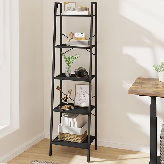 Hzuaneri Ladder Shelf, Bookshelf Bookcase, Freestanding Corner Storage Shelve with 2 Hooks for Home Office, Living Room, Kitchen, Bedroom, Industrial, 11.8" D x 17.3" W x 63" H, Black BC19204B