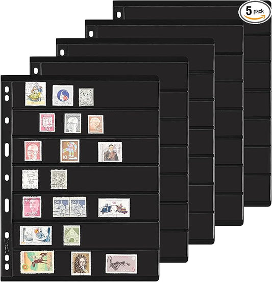 5 Sheets 10 Pages Postage Stamp Album Pages, 7 Pockets 7.7x 1.35in Stamp Collection Inserts, 9 Hole Standard Stamp Collecting Album Sleeves for Stamp Collection Binder IS010710