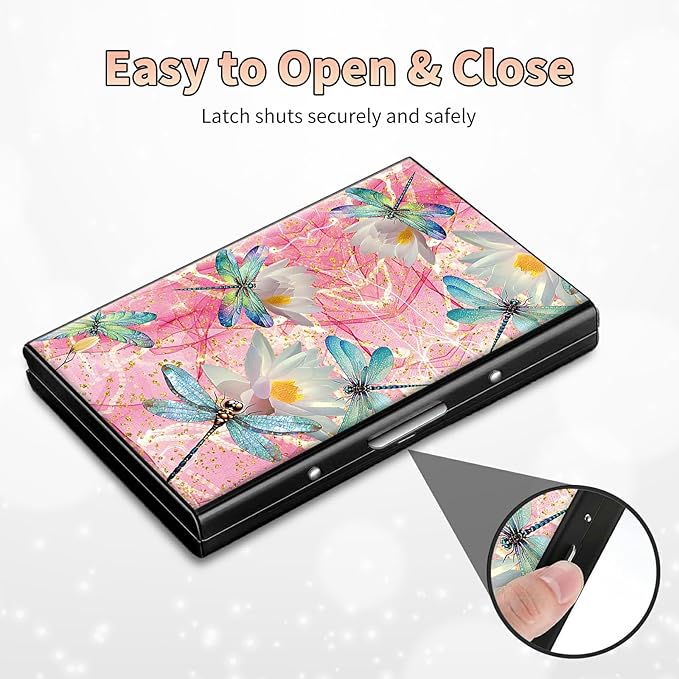 BWEGRHE Slim Credit Card Holder, Pink Dragonfly RFID Blocking Metal Wallet for Men & Women, Aluminum Minimalist Hard Case Pocket-Sized Business Cards Organizer (Fits Up to 10 Cards)