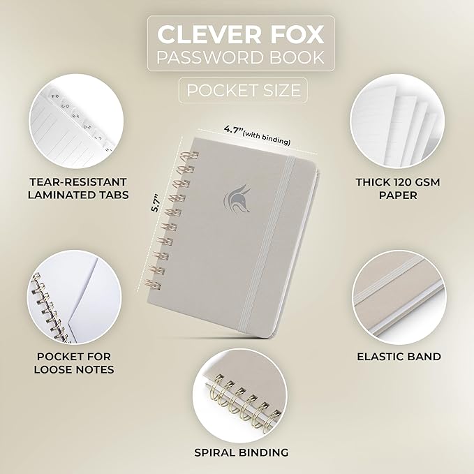 Clever Fox Password Book Spiral – Mini Internet Address & Password Organizer with Laminated Alphabetical Tabs – Small Password Keeper Journal – Hardcover, Pocket Size, 4.7x5.7” (Foggy Alps)