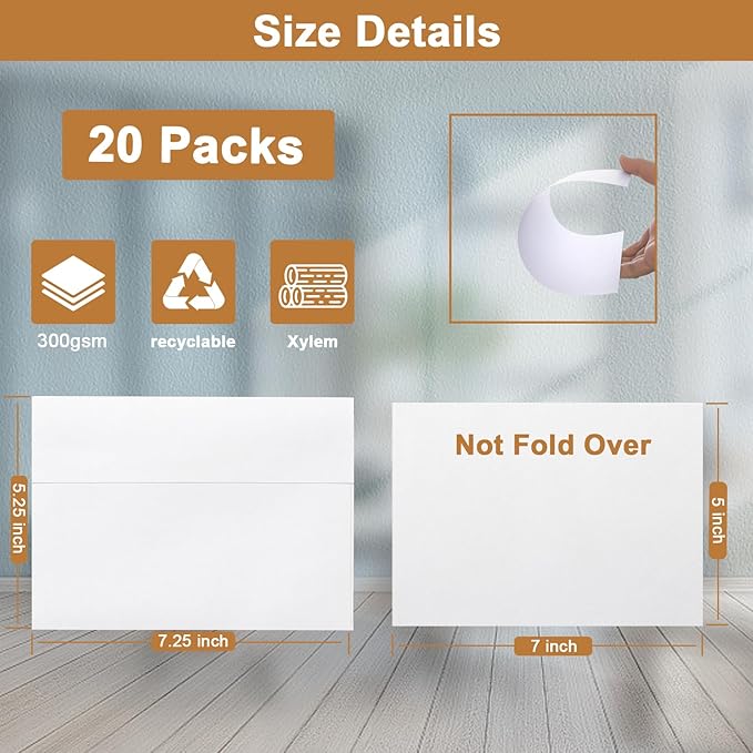 Silunkia White Blank Note Cards and Envelopes 5 x 7 Heavyweight Single Panel Cardstock and A7 Envelopes Printable Self Seal 20 Packs for Wedding Invitations, Birthday, Thank You Cards, Baby Shower