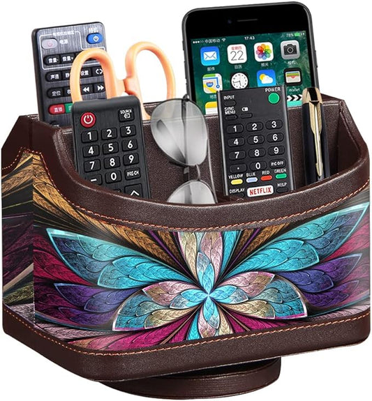 PUSU 360°Rotatable Remote Control Holder, PU Leather TV Remote Holder Caddy for Table, Bright and Colorful Art Supply Organizer Pen Holder, Multi-Functional Desk Organizer Living Room Office Decor