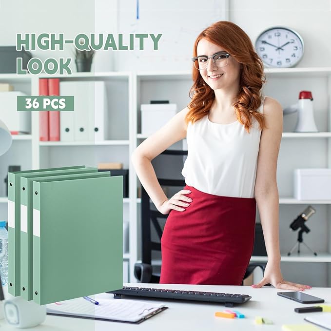 Henoyso 36 Pcs 3 Ring Binder 0.5 Inch Round Fits Letter Size 8.5'' x 11'' Paper Plastic Flexible Binder Bulk Holds 140 Sheets with 1 Pockets Versatile Organizer for Home Office School (Sage Green)