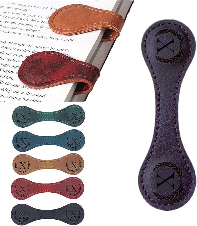 Personalized Magnetic Leather Bookmark, 26 Letters Custom Leather Bookmarks, Handmade, Leather Magnetic Bookmark for Book Lovers Readers Women Kid(Purple，X）