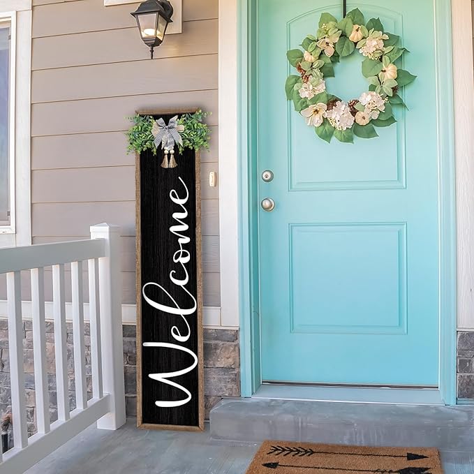 LuZhiQiang Front Porch for Welcome Standing Sign 45"X9" Vertical Tall Long Leaner Wood Framed Outdoor Front Door Sign Decor (Wood Black)