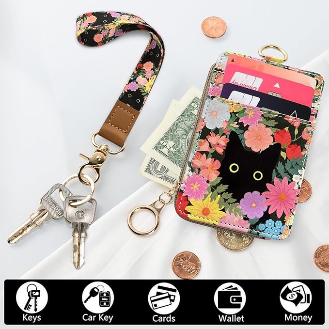 bolimoss Black Cat Flower Lanyard Wallet,Pu Leather Women Zid ID Case with Lanyards,Cute Neck & Wrist Lanyard Keychain for Women, Teacher, Nurse, Office Name Tag Badge Holder ID Card Holder