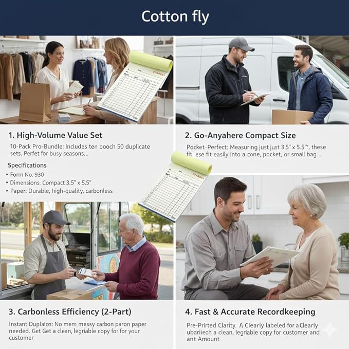 Cotton Fly Sales Order Receipt Book (10-Pack) | 3.5" x 5.5" Small Carbonless 2-Part (White/Yellow) Business Invoice Form for Delivery, Contractors & Small Retail