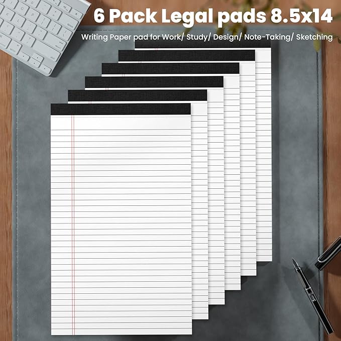 Legal Pads 8.5 x 14 Note Pads, 6 Pack Writing Pads Wide Ruled Notepads, Micro Perforated Notepad, Double-Side Printed Lined Paper Pads 30 Sheets per Notepad, White Legal Pads for Home, Office, School