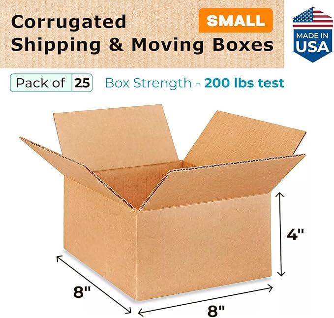 Small Moving & Shipping Boxes 8"L x 8"W x 4"H (25-Pack) - Extra Strength 200 lb vs Regular - Corrugated Cardboard Boxes for USPS/UPS/FEDEX - Strong Packing Box - Shipping Box by IDL Packaging