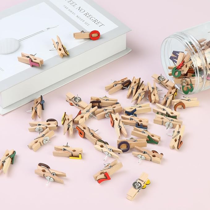 Byvood 70 Pcs Alphabet & Number Push Pins with Wooden Clips – Colorful Letter A-Z & 1-9 Thumb Tacks for Cork Board, Bulletin Board, Classroom Decor, Office Supplies