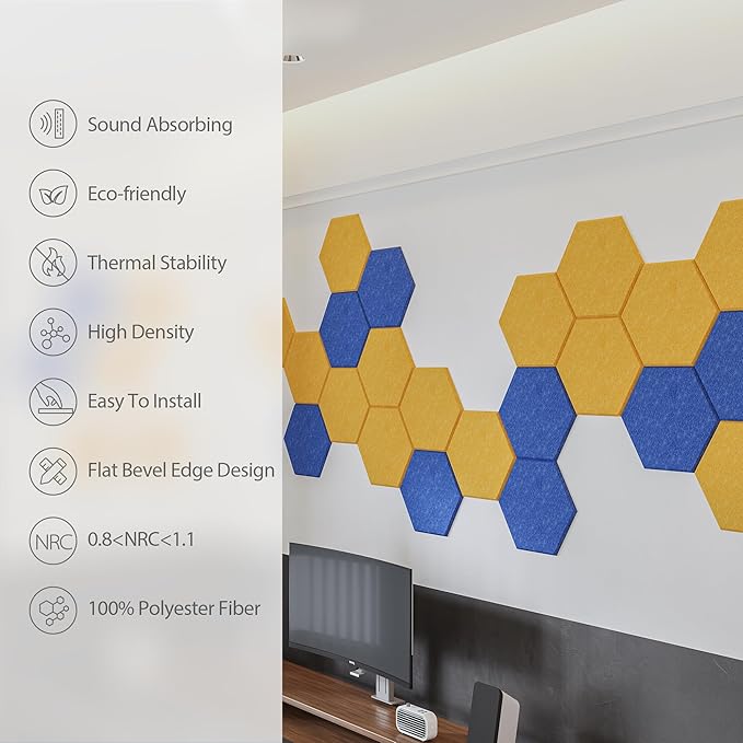 Amantech 12 Pack Acoustic Panels Self Adhesive Sound Proof Foam, High Density Sound Acoustic Panel, 12X10.23X0.4 Inch Hexagon Panels in Home, Office, Reccording Room, Studio,and more(Orange-Red)