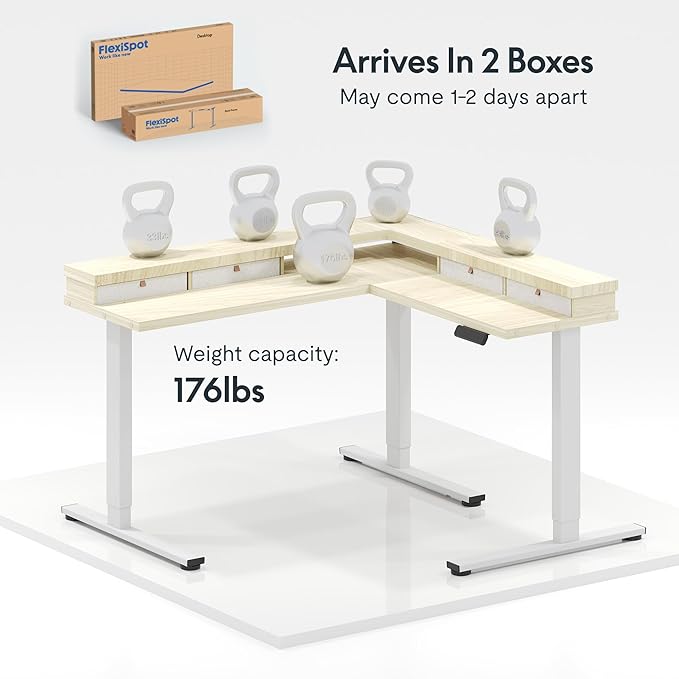 FLEXISPOT 71" L Shaped Standing Desk Electric Corner Table with Shelf, 4 Storage Drawers, Adjustable Computer Workstation for Home, Office, Game, Studio,Light Maple Top + White Frame