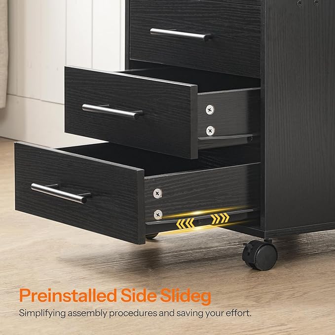 HOOBRO 5-Drawer File Cabinet, Office Cabinet with Drawers, Wooden Storage Cabinet with Wheels for Makeup, Home Office, Study, Easy Assembly, Black BK05WJ01