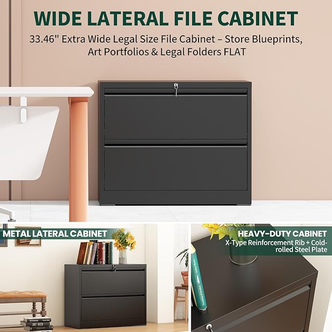 2 Drawer Lateral File Cabinet with Lock, Metal File Cabinets for Home Office, Office Furniture for Organization Hanging Legal/Letter/A4, Metal Filing Cabinet Storage Cabinet, Require Assembly, Black