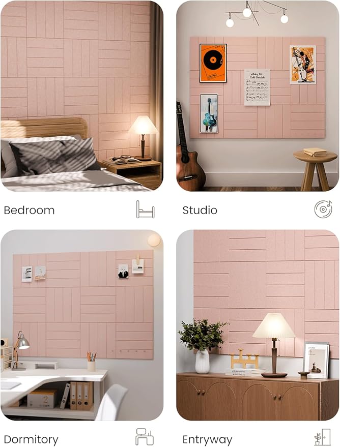 Fluxynara Felt Bulletin Board Tiles Large 48" x 36" Cork Board Alternative-12 Pack with 70 Adhesive Tabs, Thick Slat Wall Panels for Office Decor, Push Pin Board Wall Organizer Alternative -Pink