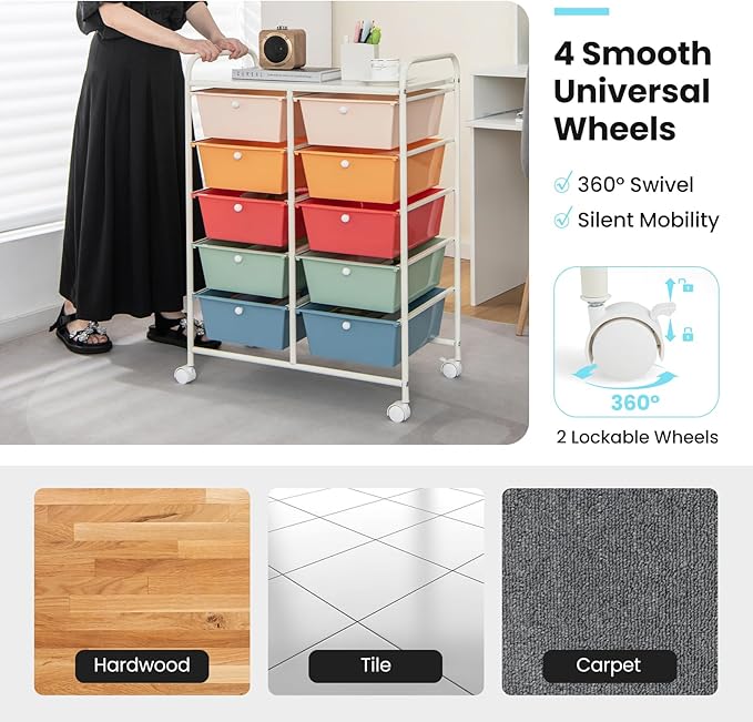 GLACER 10 Drawer Rolling Cart, Storage Cart with Lockable Whieels & Metal Frame, Trolley for Art Craft Oganizer, Mobile Utility Cart for Office, School, Classroom, Kitchen (Multicolor)