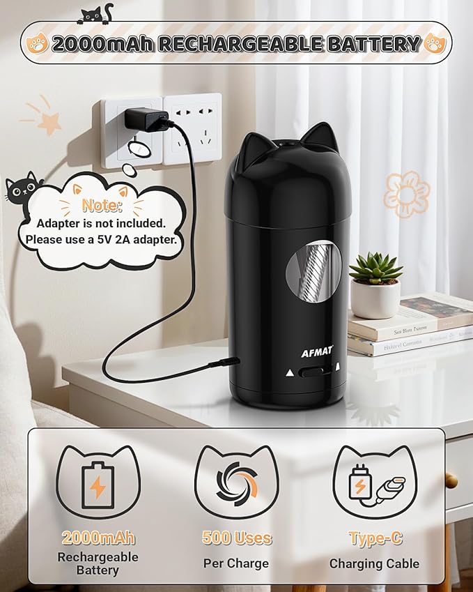 AFMAT Electric Pencil Sharpener, Fully Automatic Pencil Sharpener for Kids, Auto in & Out, for φ7-8mm No.2/Colored Pencils, Rechargeable & Cordless, Cute Cat Pencil Sharpeners for Classroom Home PSX9