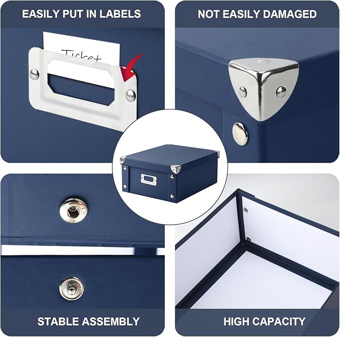 DLUGOPIS Checks Storage Box with Lid Document Boxes Banker Boxes Document Bin Foldable Cardboard Record Boxes For Business Pesonal Orangize Files 12"x10"x5"(Navy Blue, 1 pcs)