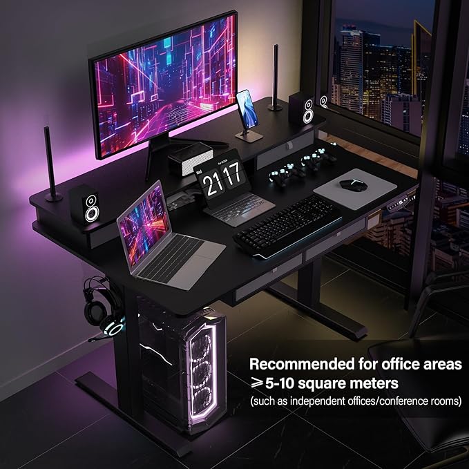 ExaDesk 48 * 30 Inches Electric Standing Widened Desk Adjustable Height with 4 Drawers, Double Storage Shelves, Home Office Workstation Sit Stand up Desk (Classical Black)