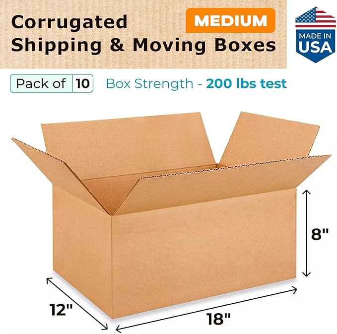 IDL Packaging - B-18128-10 Medium Corrugated Shipping Boxes 18"L x 12”W x 8"H (Pack of 10) - Prime Choice of Strong Packing Boxes for USPS, UPS, FedEx Shipping