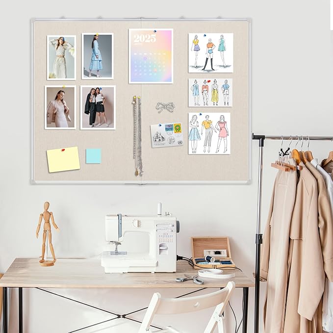AMUSIGHT Double-Sided Large Cork Board with Linen, 48" x 36" Foldable Hanging Aluminum Framed Bulletin Board, Vision Board Pin Board Corkboards for Walls, Office, School Decor, 20 Pushpins